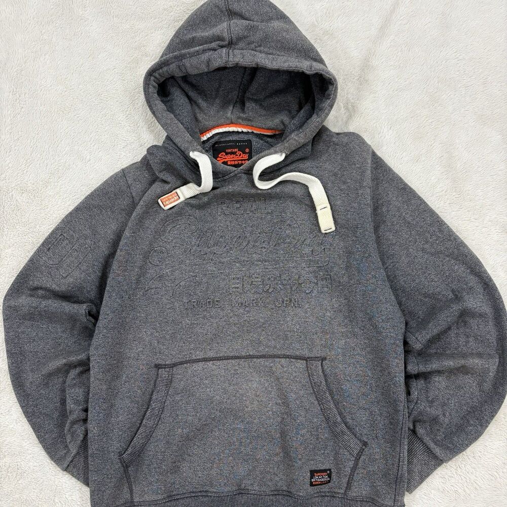 SuperDry Vintage Embossed Logo Premium Hoodie Gray Unisex Size L Streetwear